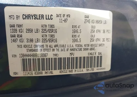 2008 Dodge Grand Caravan Se z USA, uszkodzony, nr VIN 1D8HN44H88B118987